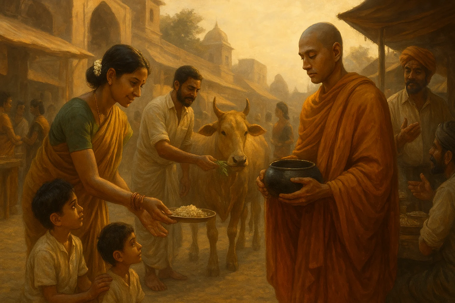 Villagers offering food to monks and feeding a cow in an ancient Indian marketplace.