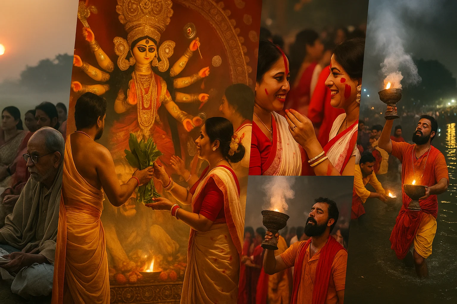 Montage of Durga Puja rituals including Chandipath, Nabapatrika, Sindoor Khela, dhunuchi naach, and idol immersion in river.