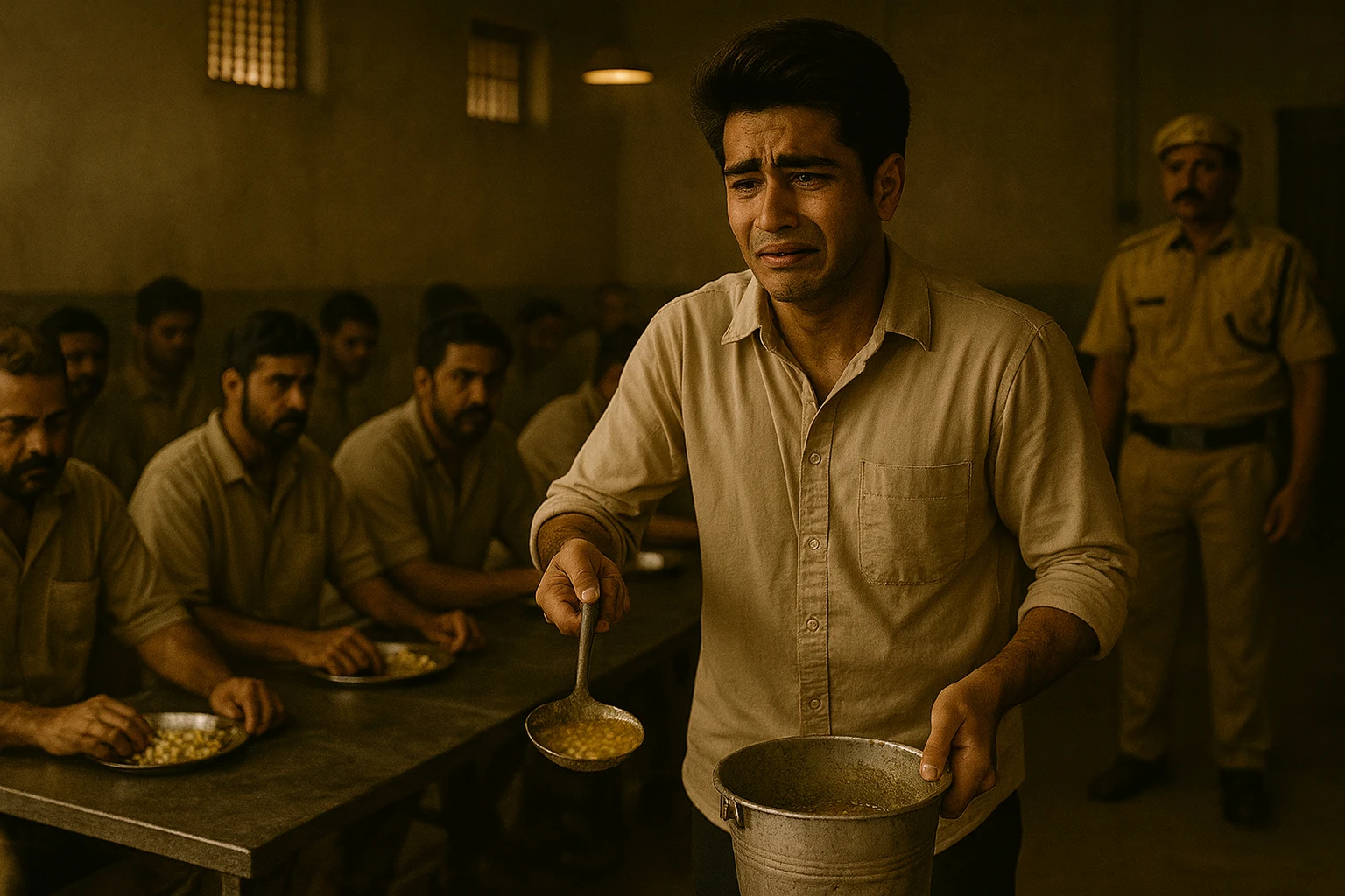 Rohit tearfully serves food to inmates in prison mess hall under guard supervision