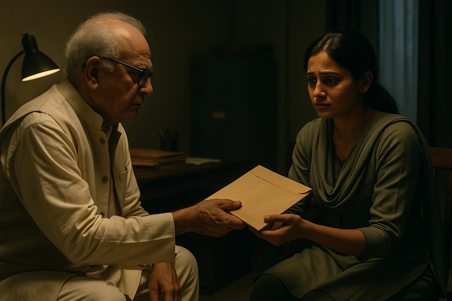Elder politician Sharma handing an envelope of money to Ankita Verma in a dimly lit office