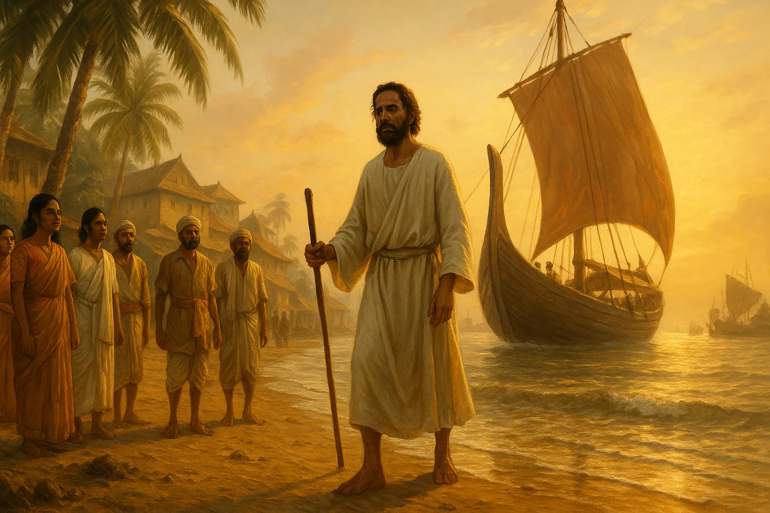 St. Thomas the Apostle landing at Muziris, Kerala in 52 CE, greeted by local villagers on the Malabar Coast.