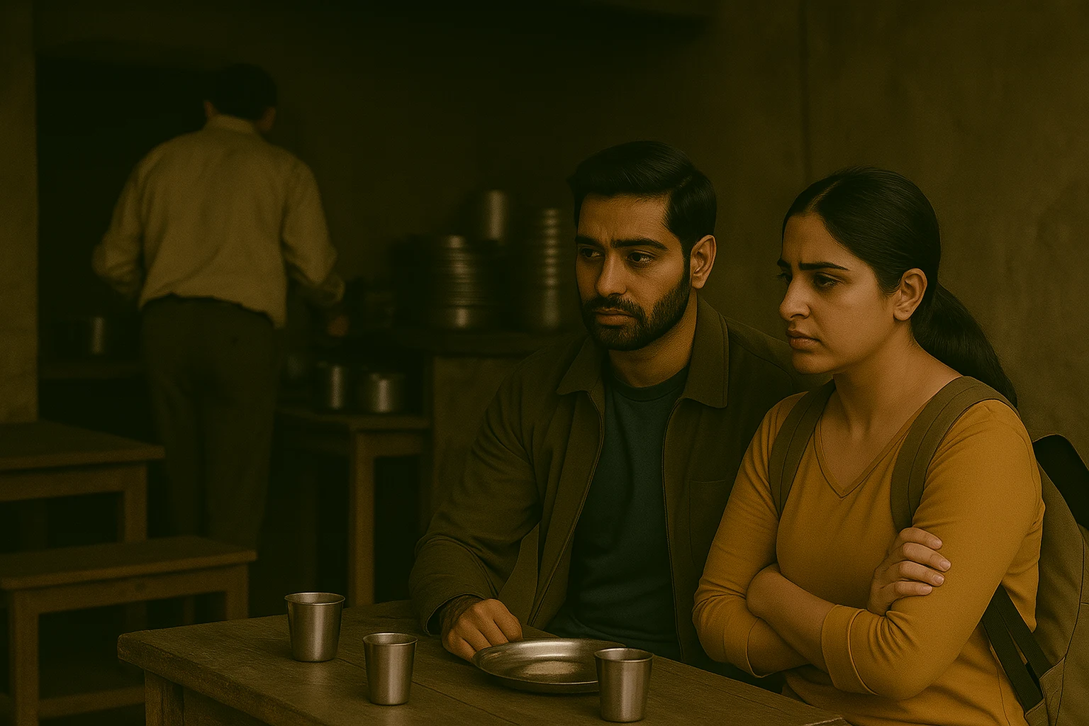 South Asian couple seated tensely at a roadside dhaba while driver works in the kitchen, creating an atmosphere of suspicion