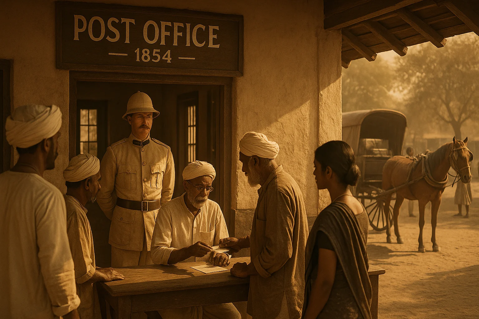 A sepia-toned scene of the first Indian Post Office in 1854 with a British officer, villagers, and a horse-drawn mail cart.