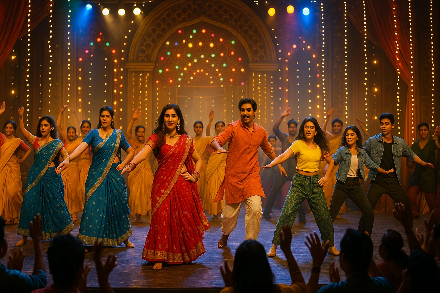 Dancers in traditional sarees and modern outfits performing on a Bollywood stage with colorful lights