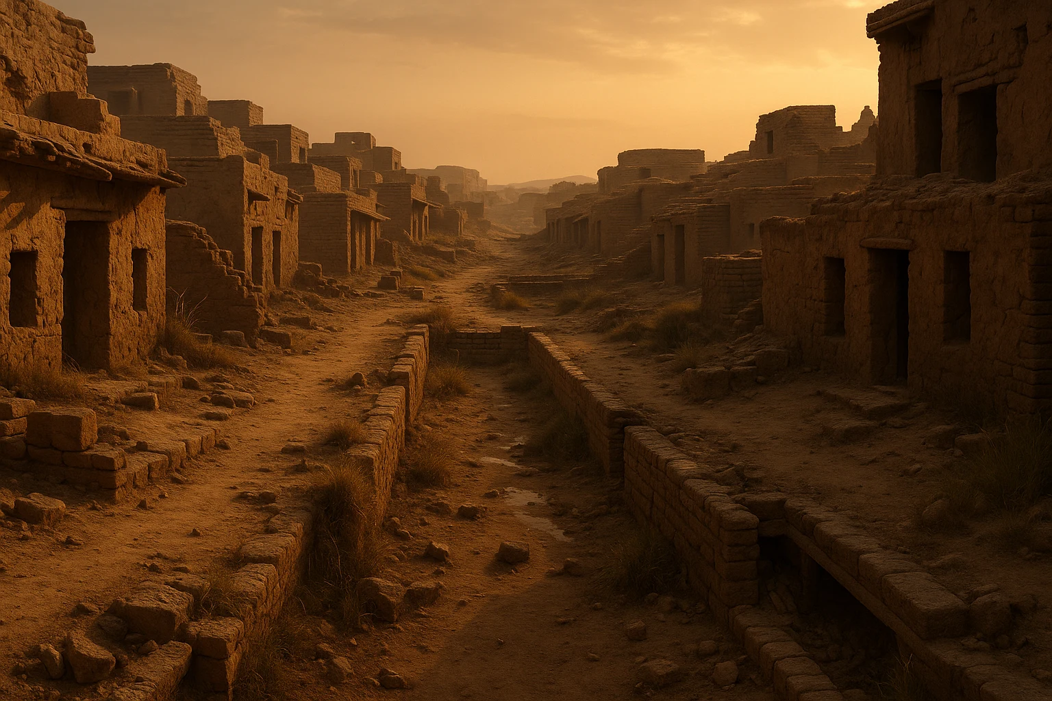Abandoned ruins of Mohenjo-Daro with crumbling houses, broken drains, and a dry riverbed under fading sunlight.