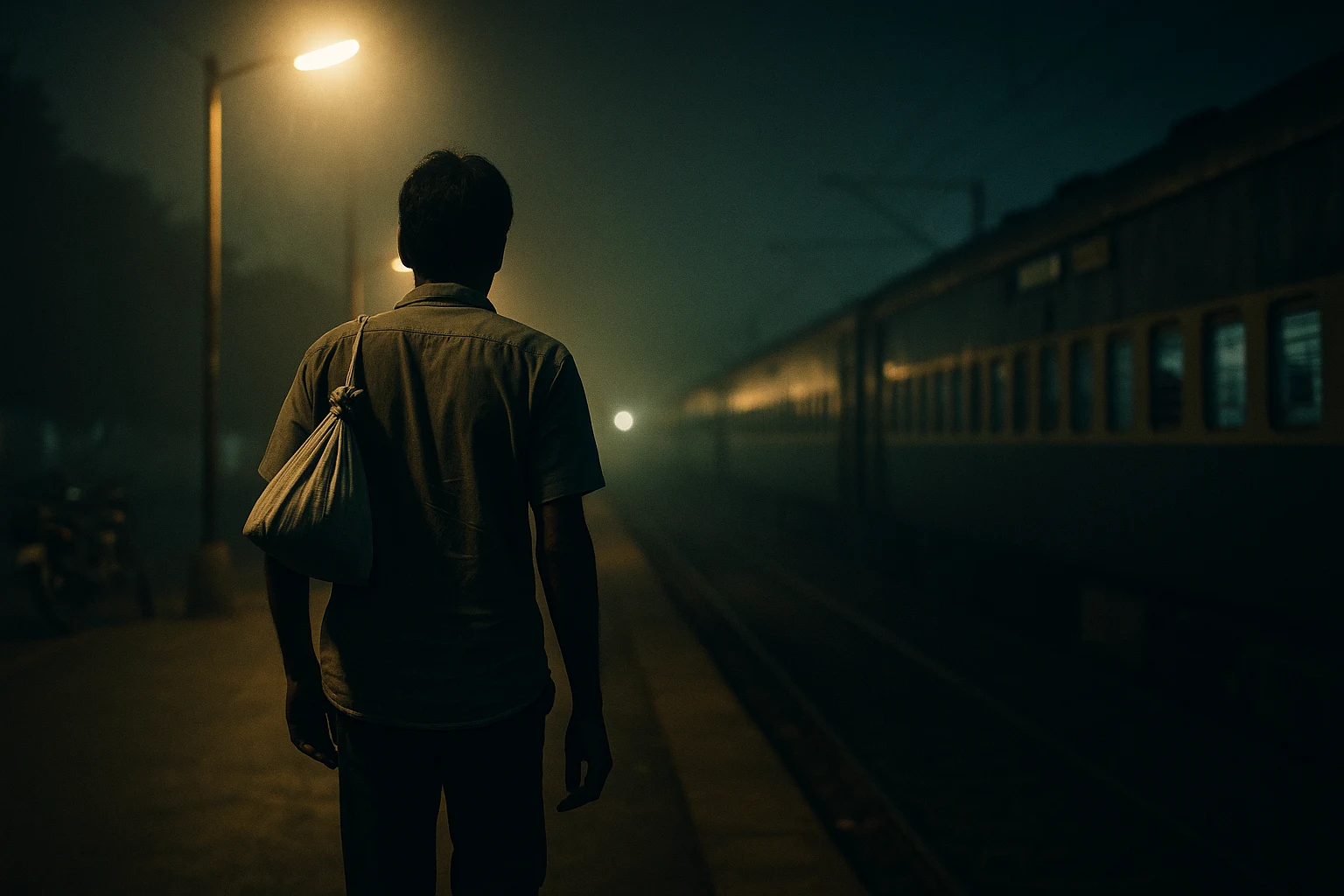 A lonely man walks along a misty railway platform at night, carrying a small cloth bag as a train waits in the background.