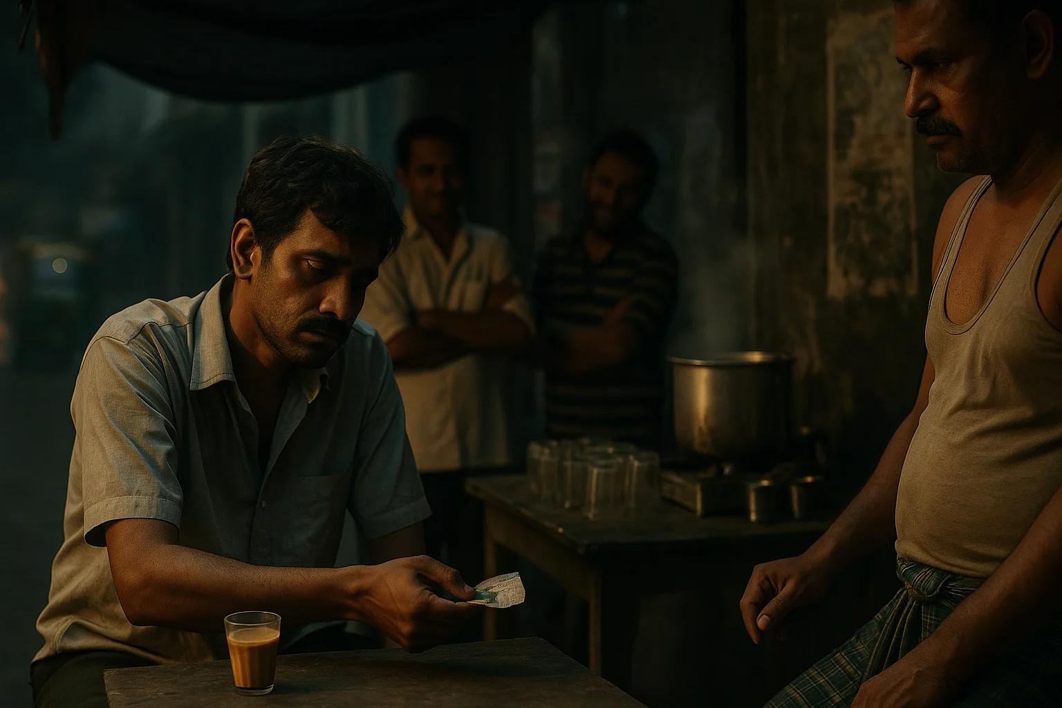 A weary man in his late 30s sits at a Kolkata tea stall, offering five rupees while others watch and whisper.