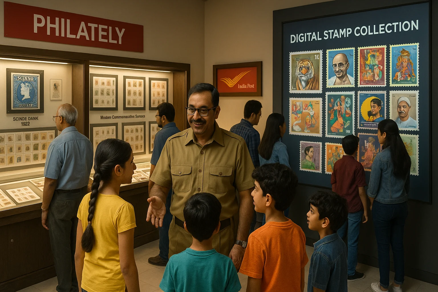 Children and families exploring India Post’s philately exhibition with digital and traditional stamps on display.