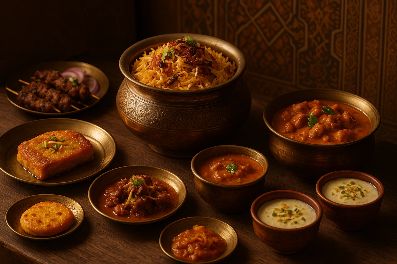 A royal Mughlai food spread with biryani, kebabs, korma, phirni, and shahi tukda in brass and copper utensils