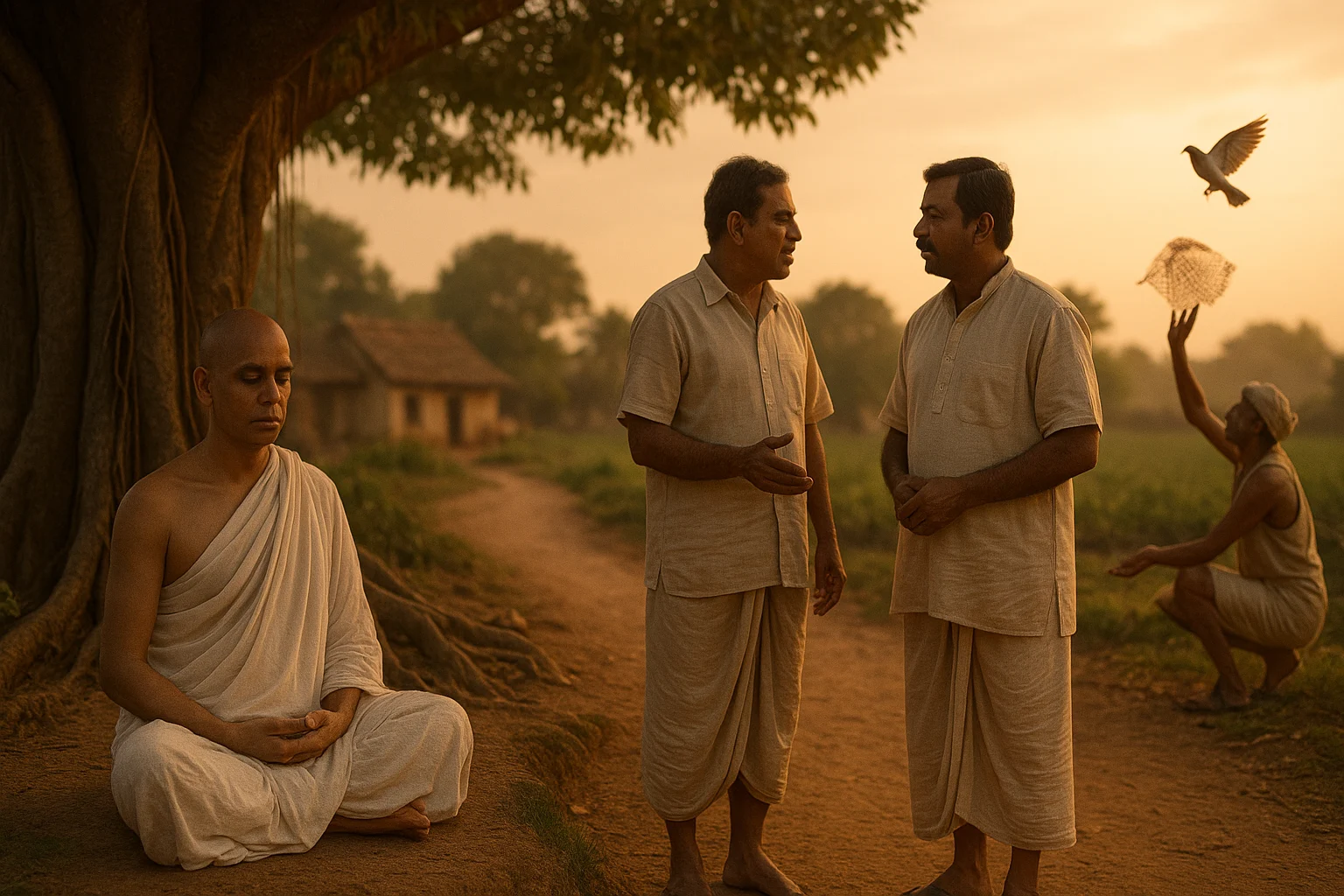 A Jain monk meditating under a banyan tree while two men converse kindly and a farmer releases a bird, symbolizing thought, speech, and action in Ahimsa.