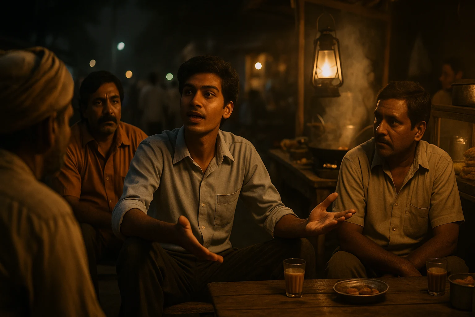 Young man boasting at a Kolkata tea stall, surrounded by workers listening under a lantern’s glow.