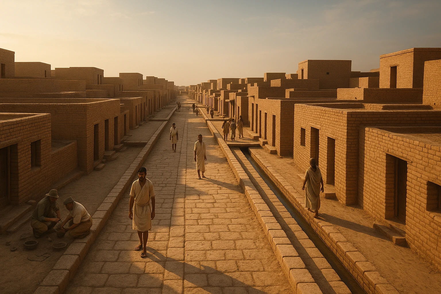 Street view of Mohenjo-Daro showing brick houses, straight roads, and advanced drainage system.