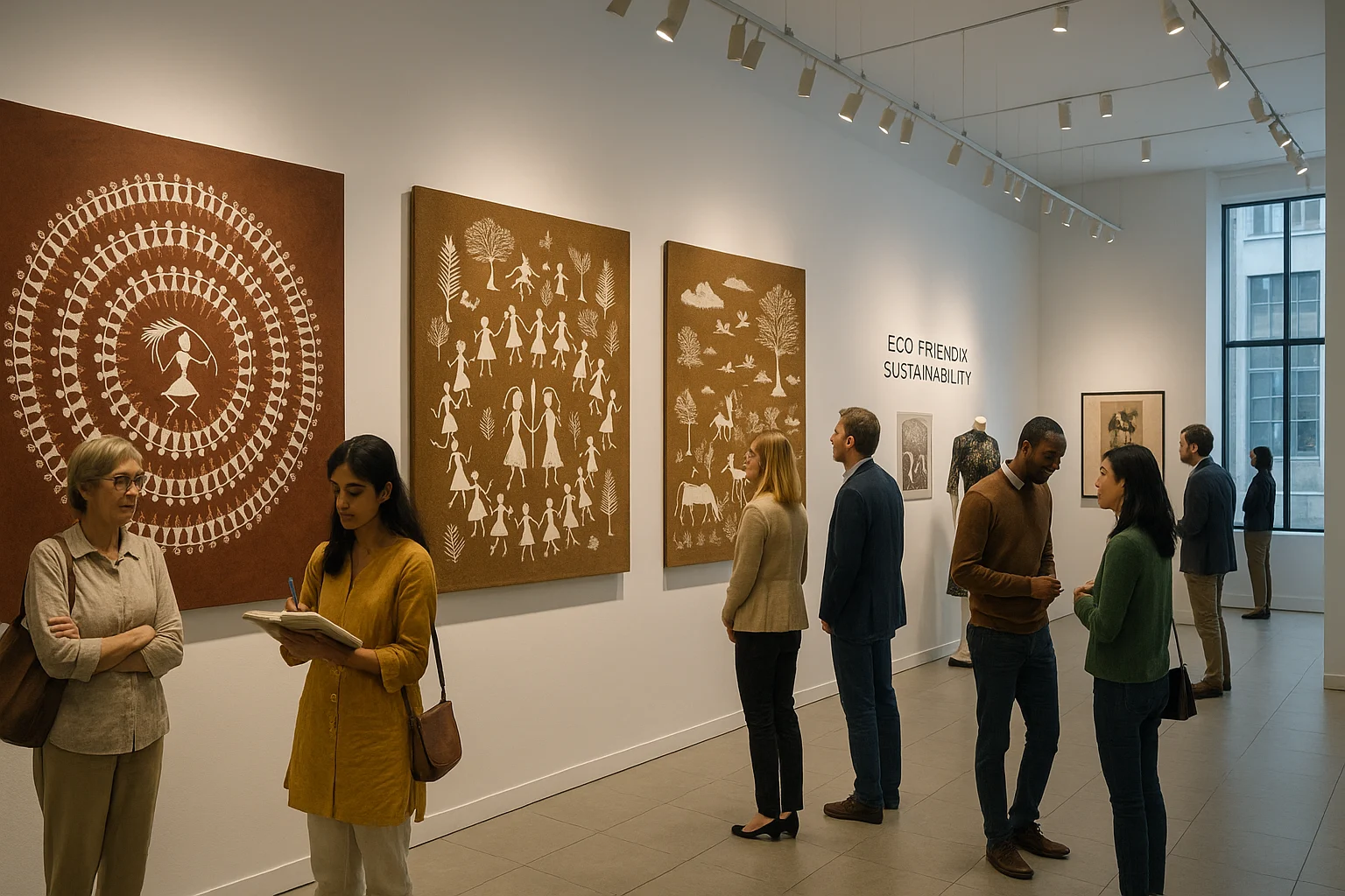 Visitors in a modern gallery admire Warli paintings depicting tribal life, alongside exhibits highlighting sustainability and design.