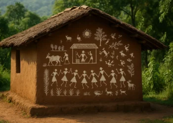 A traditional mud hut in Maharashtra decorated with white Warli tribal paintings depicting farmers, dancers, animals, and trees.