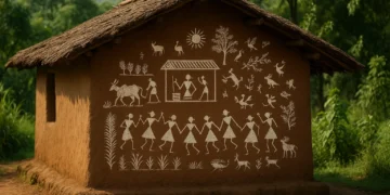 A traditional mud hut in Maharashtra decorated with white Warli tribal paintings depicting farmers, dancers, animals, and trees.