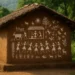 A traditional mud hut in Maharashtra decorated with white Warli tribal paintings depicting farmers, dancers, animals, and trees.