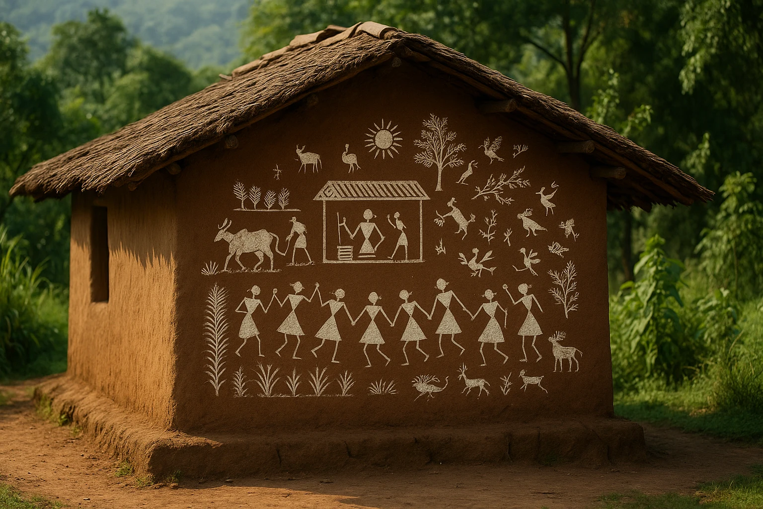 A traditional mud hut in Maharashtra decorated with white Warli tribal paintings depicting farmers, dancers, animals, and trees.