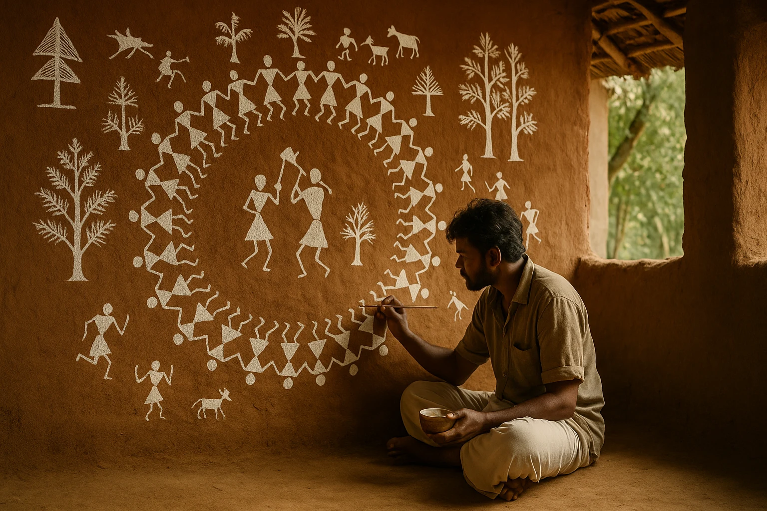 An Indian Warli artist painting white geometric figures of the Tarpa dance on a mud wall inside a tribal hut.