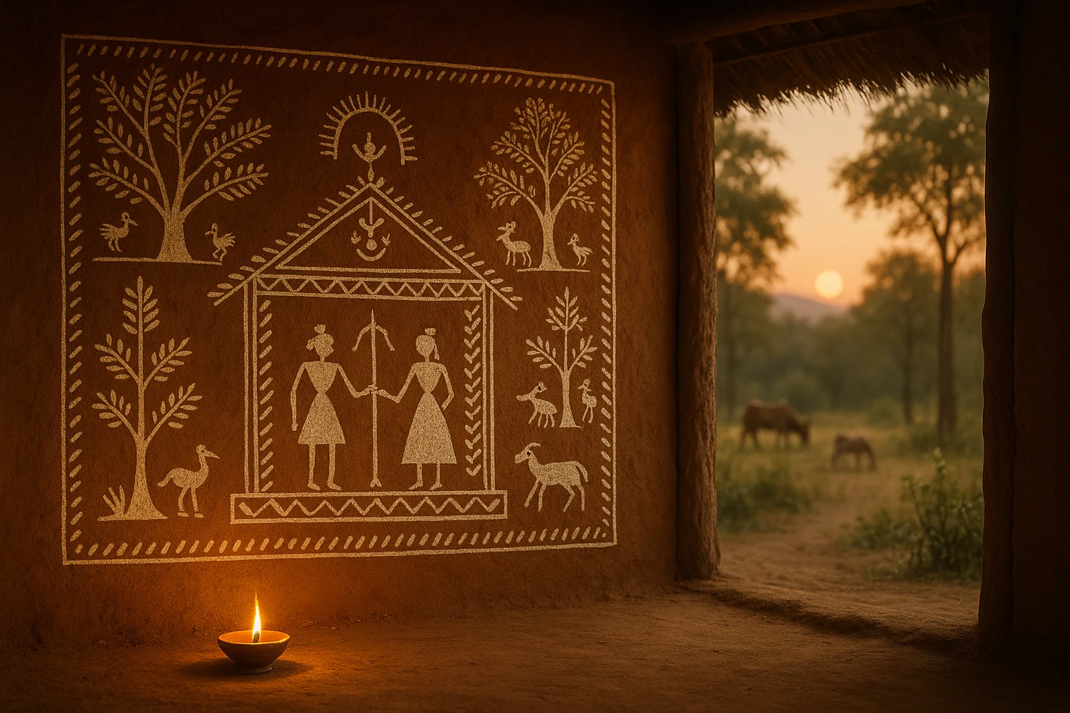A Warli marriage painting with bride and groom figures on a mud wall, lit by an oil lamp, with sunset and animals visible outside the hut.