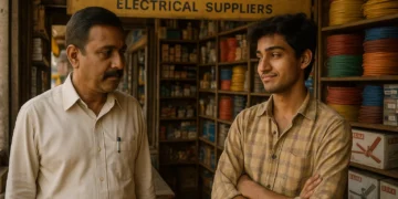 Raghav and Samar inside Kiran & Sons electrical shop in Nagpur, the senior employer observing his clever young worker.
