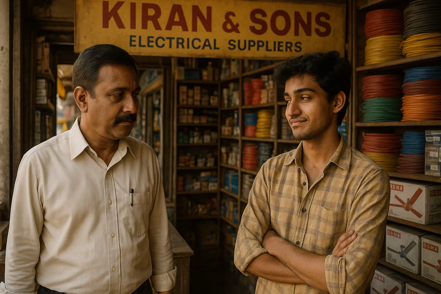 Raghav and Samar inside Kiran & Sons electrical shop in Nagpur, the senior employer observing his clever young worker.