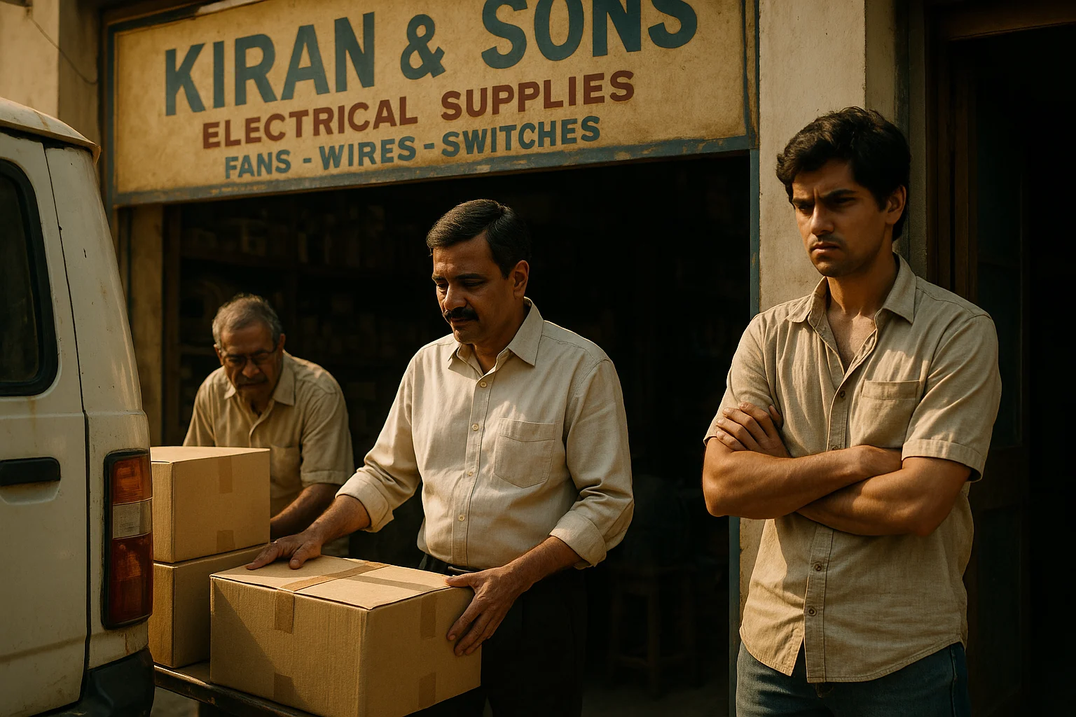 Outside Kiran & Sons, Raghav and Ramesh load boxes into a van while Samar stands aside angrily with folded arms.
