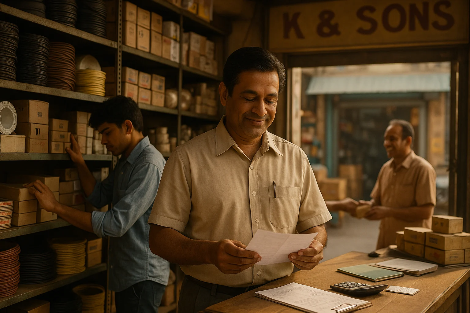 Raghav smiles peacefully while his new helper Manu arranges boxes in the well-lit Kiran & Sons shop.