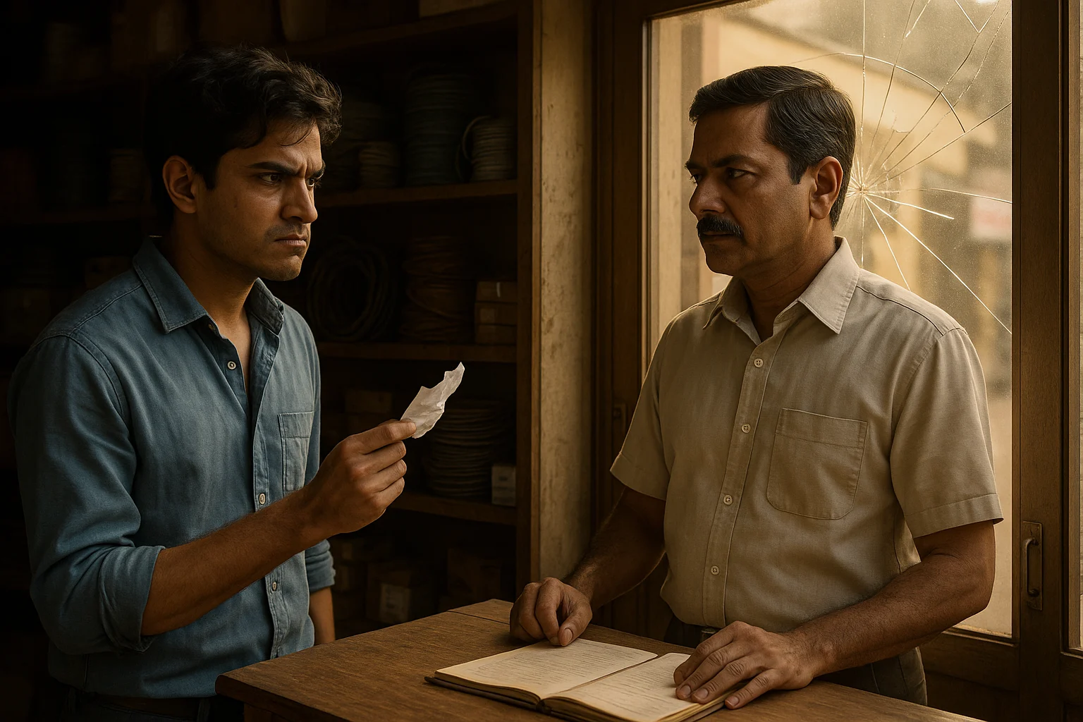 Samar angrily confronts Raghav inside Kiran & Sons after receiving his termination note, holding a crumpled paper in hand.