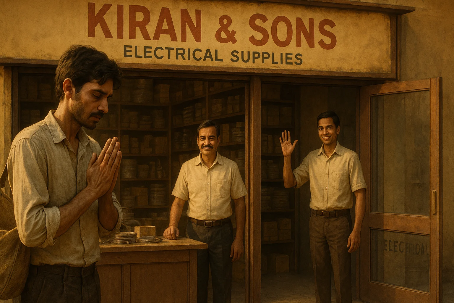 Samar folds his hands in respect outside Kiran & Sons as Raghav smiles and Manu waves from inside the shop.