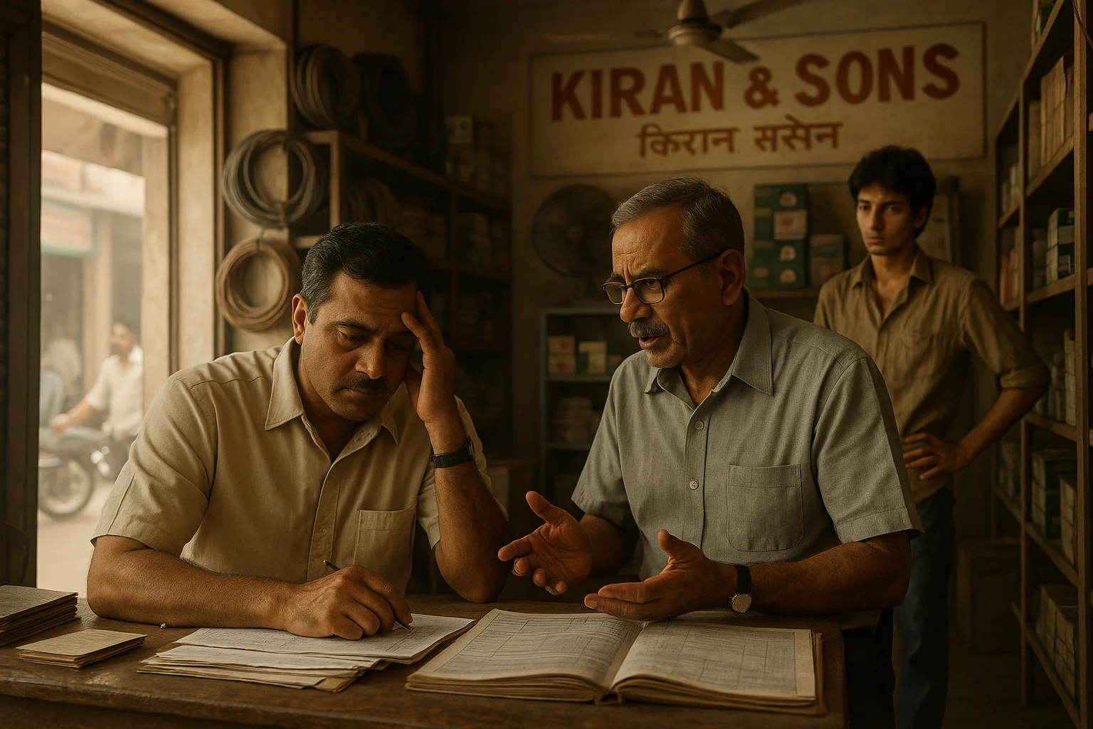 Inside Kiran & Sons, Raghav sits at his desk looking stressed as accountant Gokhale warns him, while Samar listens in the background.